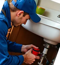 Plumber fixing a leak under a bathroom sink